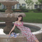Romantic A Line Spaghetti Strap Print Floral Chiffon Prom Dress Outfits SH4486