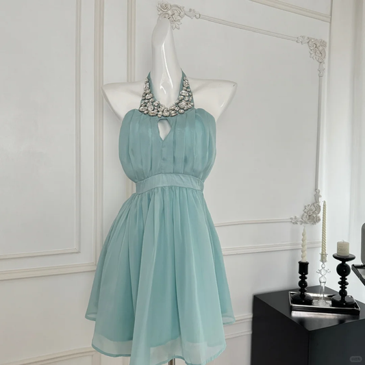 Gentle A Line Halter Rhinestone Blue Chiffon Open Back Homecoming Dress Cocktail Dress SH3086