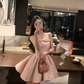 Pink Bow A Line Spaghetti Strap Satin Short Homecoming Dress Cocktail Dress SH3384