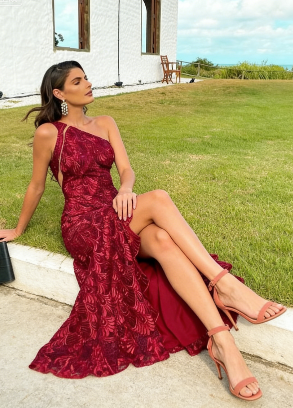 Elegant Mermaid One Shoulder Burgundy Lace Long Prom Dress with Slit SH431
