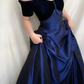 Vintage Navy Blue A Line Off the Shoulder Velvet Satin Prom Dress Evening Dress SH6338