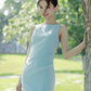 Baby Blue Sheath Round Neck Satin Prom Dress Evening Dress Party Dress SH4217