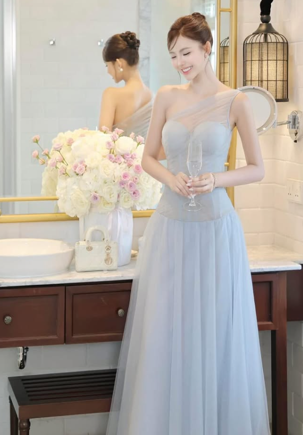 Classic A Line One Shoulder Blue Tulle Long Prom Dress Evening Dress SH4669