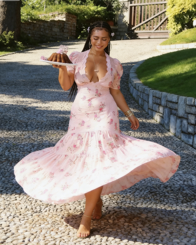 Cute A Line V Neck Print Flower Pink Lace Satin  Prom Dress Evening Dress SH2345
