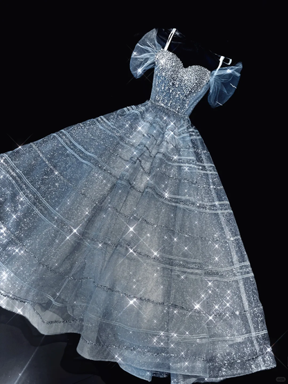 Stunning A Line Off the Shoulder Beaded Sequin Blue Tulle Prom Dresses Birthday Dresses SH5046