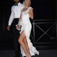 Elegant Sheath Spaghetti Strap White Lace Satin Long Prom Dress Wedding Dress SH4820