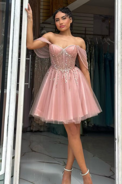 Stunning Pink Sequins Strapless Short A Line Prom Dress with Beadings SH7514