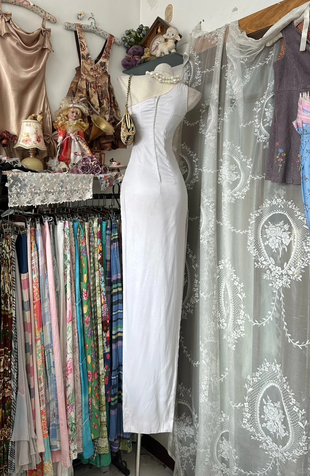 Elegant Sheath One Shoulder Pink Beaded White Satin Long Prom Dress SH5240