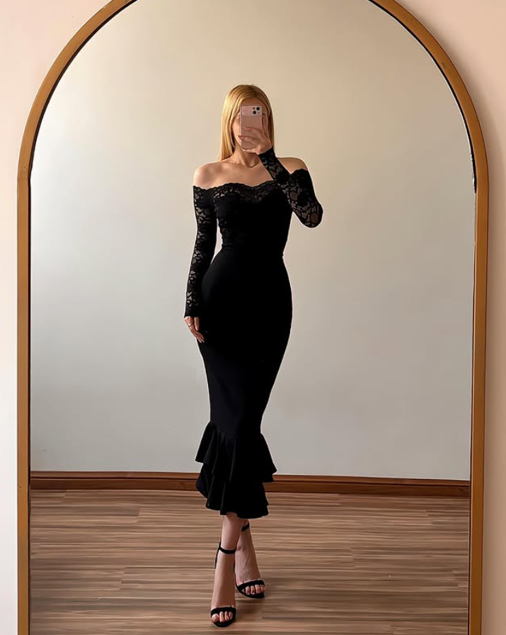 Vintage Mermaid Long Sleeve Black Lace Satin Prom Dress Evening Dress SH6970