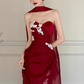 Burgundy Mermaid Sweetheart Neck White Applique Tulle Prom Dress Party Dress SH4077