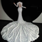 Stunning Mermaid Long Sleeve Beaded White Lace Backless Long Sweep Wedding Dress SH5232