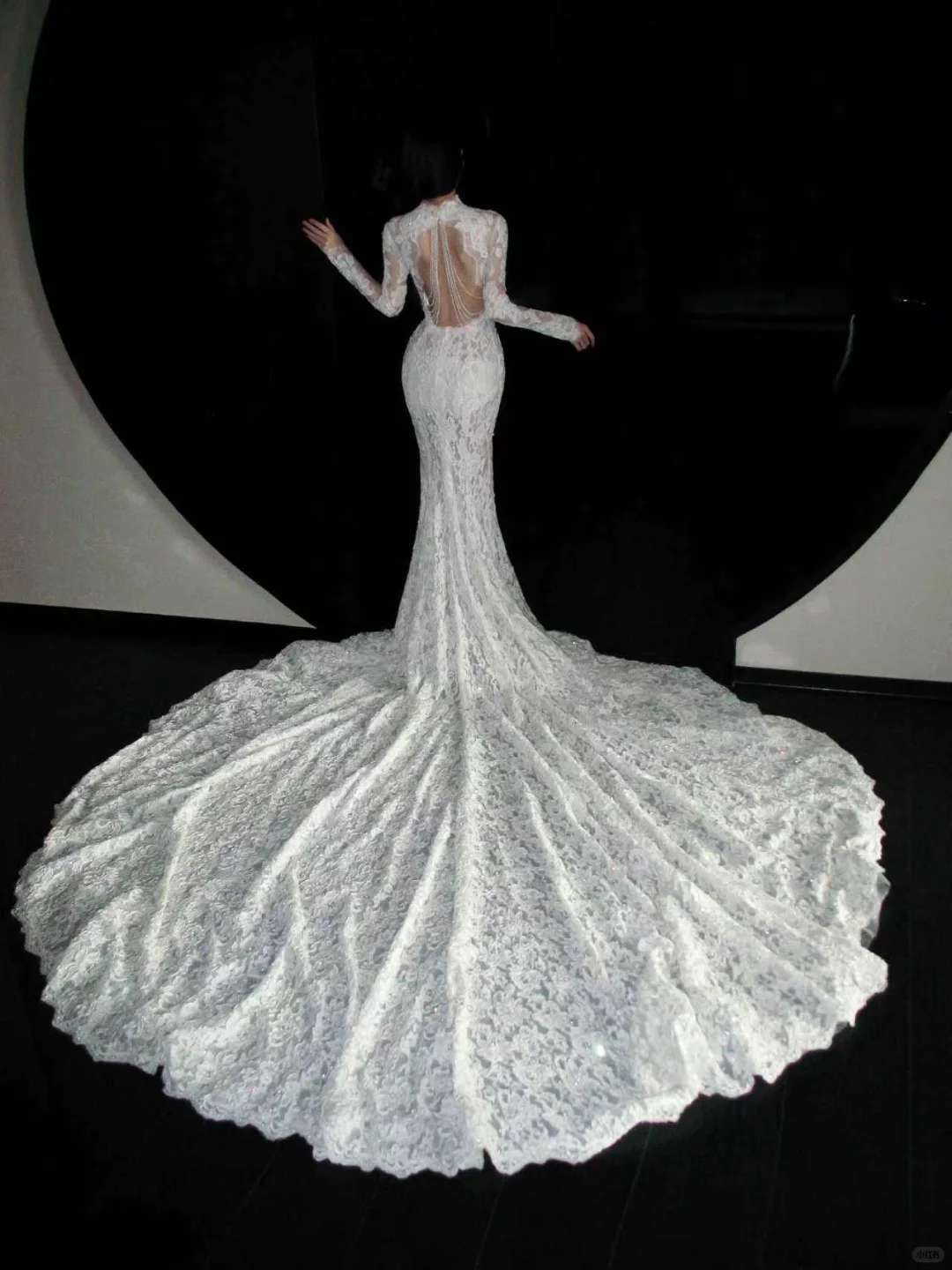 Stunning Mermaid Long Sleeve Beaded White Lace Backless Long Sweep Wedding Dress SH5232