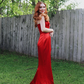 Charming Sheath Spaghetti Strap Rhinestone Red Satin Long Evening Dresses Party Dresses with Slit SH2676