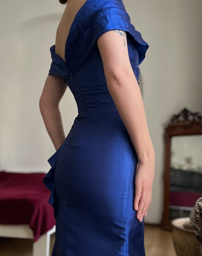Vintage Royal Blue Mermaid V Neck Satin Slit Prom Dress Evening Dress Date Dress SH5635