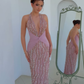 Pink Luxurious Sheath V Neck Sequin Tulle Long Prom Dress Evening Dress SH6348