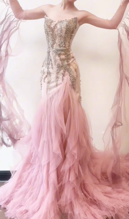 Romantic Pink Mermaid Strapless Exquisite Beaded Tulle Long Prom Dress SH5035