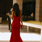 Charming Mermaid Spaghetti Strap Burgudy Satin Long Sweep Prom Dress Evening Dress SH2321