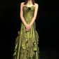 Vintage Green Mermaid Strapless Appliques Floral Satin Long Prom Dress SH5424