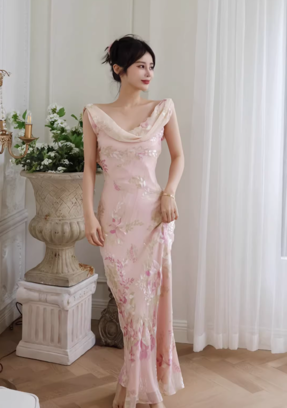 Gentle Retro Mermaid Straps Print Floral Purple Satin Prom Dress Formal Dress SH4021