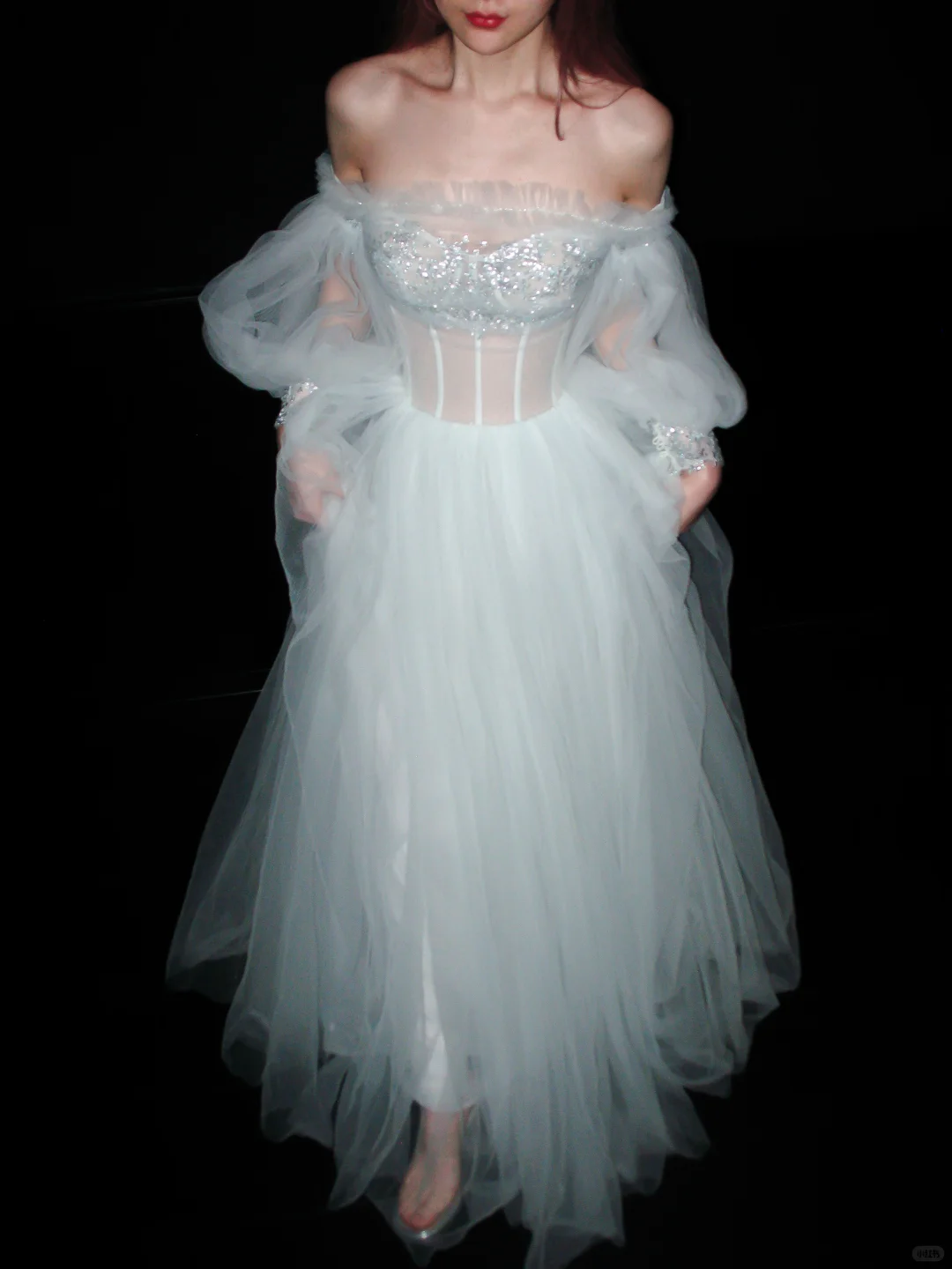 Pretty A Line Puff Sleeve Foggy Blue Tulle Long Prom Dress SH5554