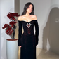 Sexy Black A Line Long Sleeve Exquisite Red Beaded Velvet Long Prom Dress Evening Dress SH6749