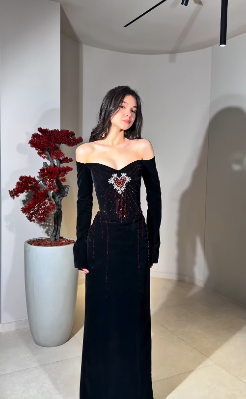 Sexy Black A Line Long Sleeve Exquisite Red Beaded Velvet Long Prom Dress Evening Dress SH6749