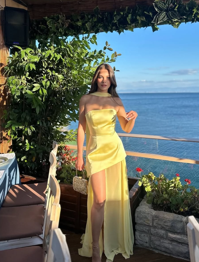 Yellow A Line Strapless Chiffon Satin Prom Dress Wedding Guest Dress with Slit SH4743