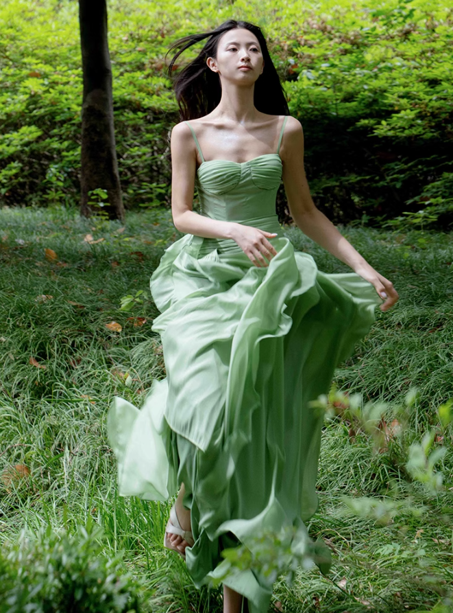 Flowy Ruffle Green A Line Spaghetti Strap Chiffon Evening Dress Party Dress SH3483