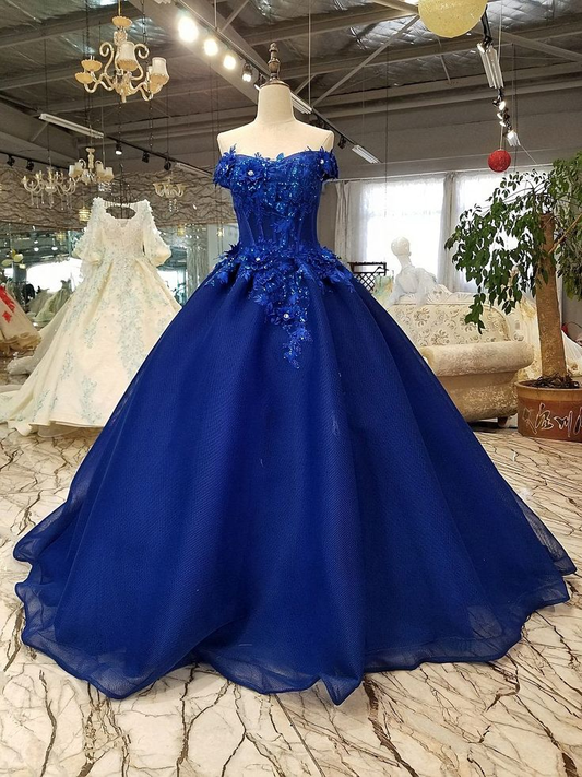 Royal Blue Off-The-Shoulder Evening Dresses, Appliques Formal Prom Dress SH846