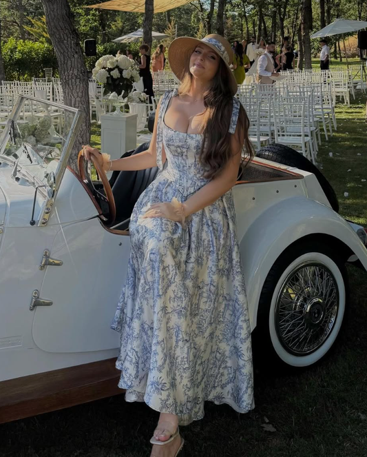 Blue Print Floral Two Piece  A Line Satin Long Prom Dress Party Dress 16th Birthday Dress SH3877