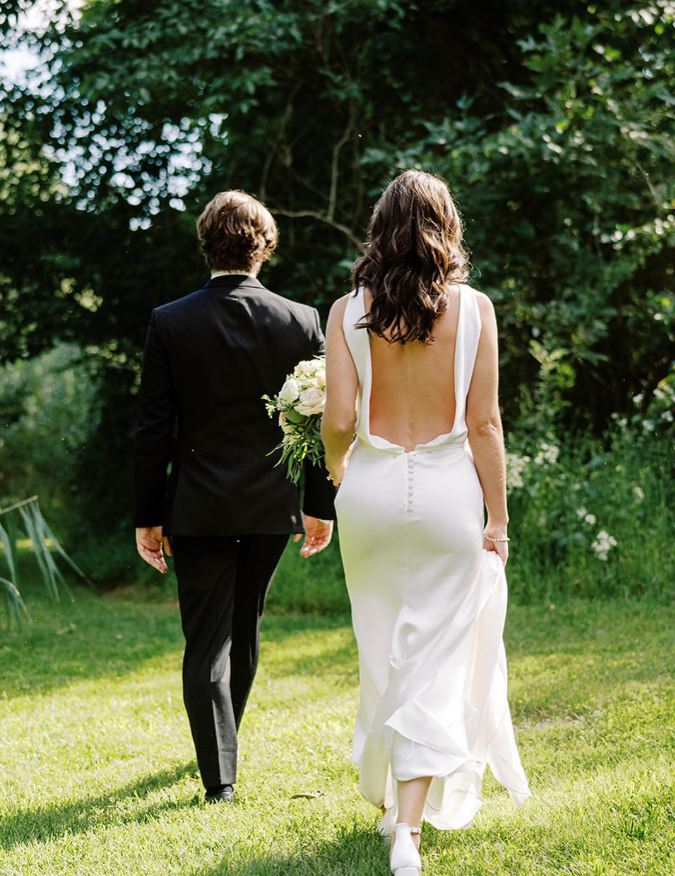 Simple Sheath V Neck White Satin Open Back Wedding Dresses SH4705