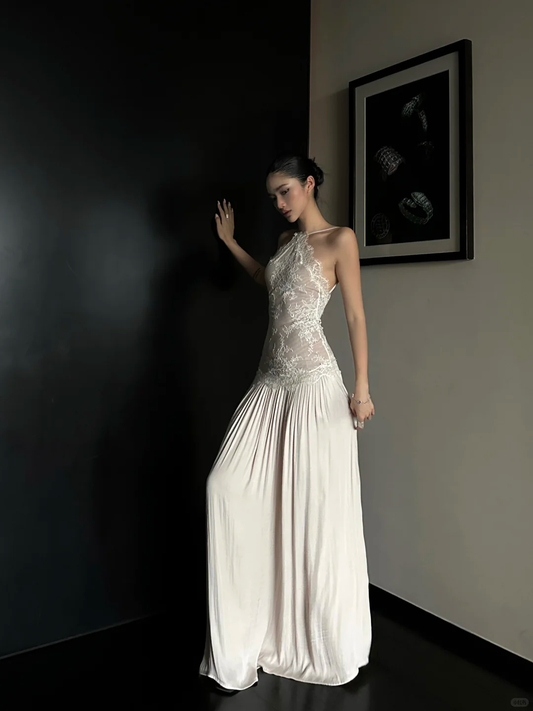 Stunning A Line Halter Lace Satin Open Back Prom Dress Evening Dress Formal Gown SH3926