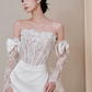 Pretty Mermaid Strapless Bow White Lace Satin Long Sweep Prom Dress Wedding Dress SH4646