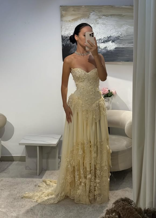 Yellow A Line Sweetheart Neck Appliques Lace Chiffon Prom Dress Wedding Guest Dress SH4440