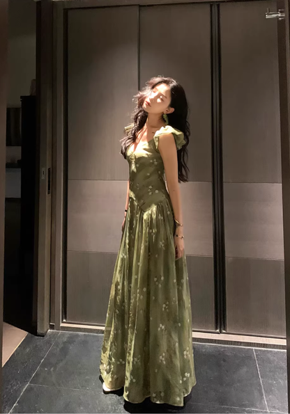 Green Gentle A Line Straps V Neck Print Floral Chiffon Prom Dress Party Dress Outfits SH5060