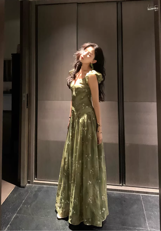 Green Gentle A Line Straps V Neck Print Floral Chiffon Prom Dress Party Dress Outfits SH5060