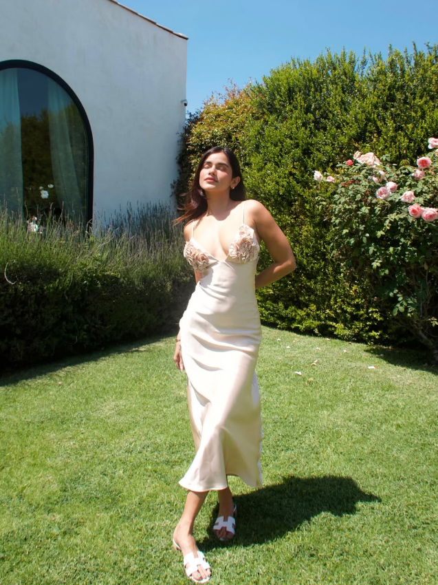 Beige A Line Spaghetti Strap Floral Satin Prom Dress Evening Dress SH3907