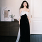 Cute A Line Off the Shoulder White Organza Black Velvet Long Prom Dress SH4583