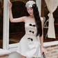 New A Line Strapless Lace Satin Short Homecoming Dress Cocktail Dress Black Bow SH3255