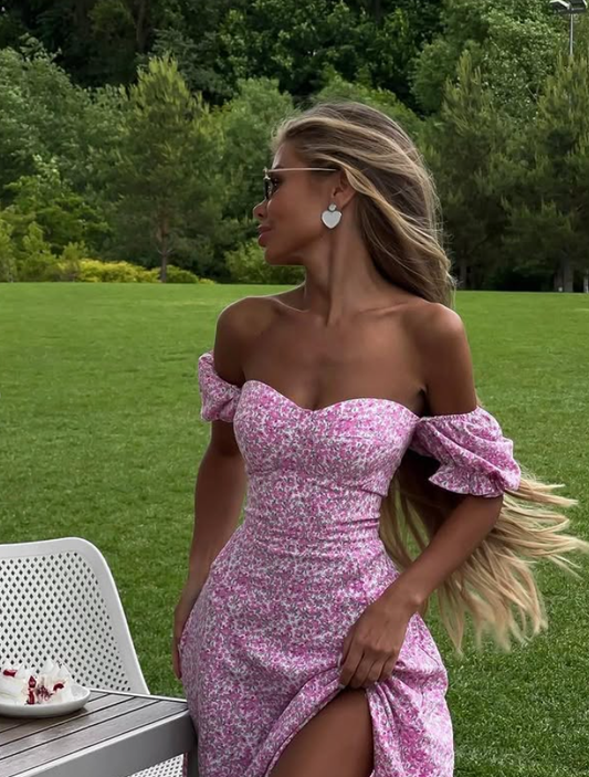 Romantic A Line Off the Shoulder Pink Print Floral Satin Vacation Dress Outfits with Slit SH4360