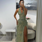 Purple Sheath V Neck Beaded Lace Open Back Prom Dress Evening Dress with Slit SH4436