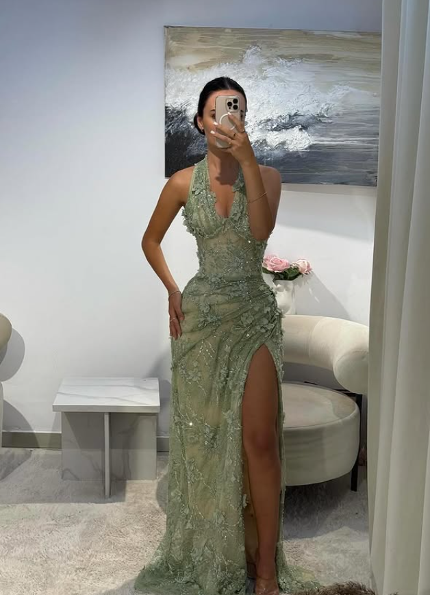 Purple Sheath V Neck Beaded Lace Open Back Prom Dress Evening Dress with Slit SH4436