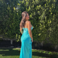 Simple Lake Blue A Line Spaghetti Strap Lace Satin Prom Dress SH4566