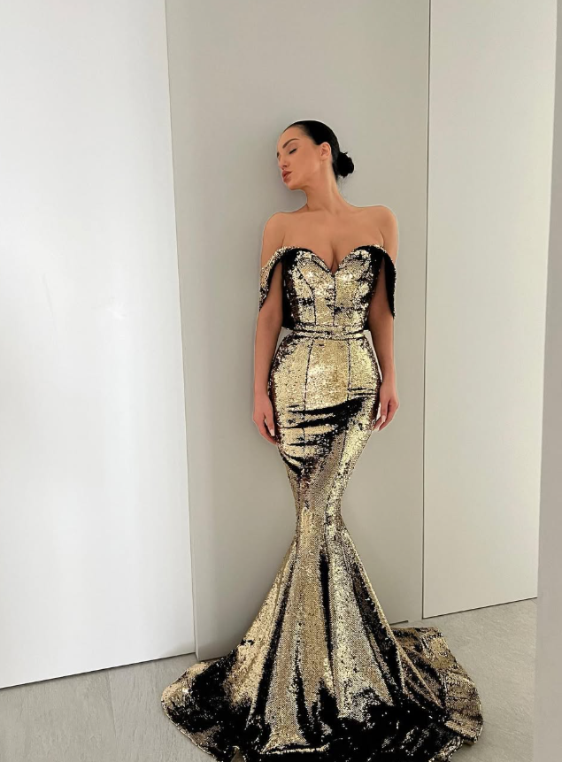 Sexy Shiny Mermaid Off the Shoulder Gold-black Sequin Prom Dress Date Dress SH5568