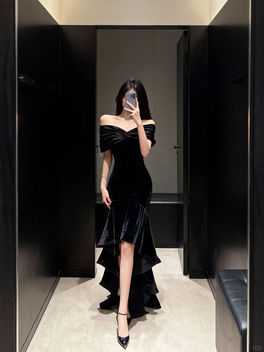 Sexy Mermaid Off the Shoulder Black Ruffle Velvet Long Prom Dress Evening Dress SH5108