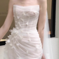White Sheath Strapless Floral Pleated Tulle Long Prom Dress Wedding Dress SH4199