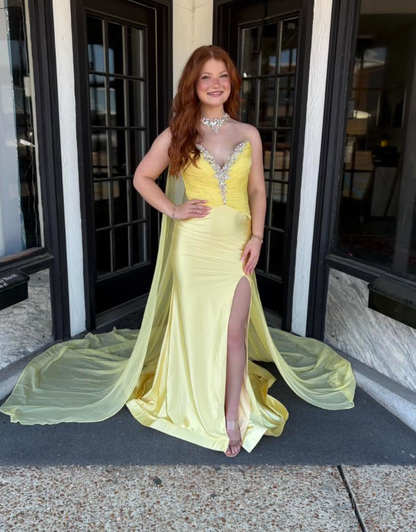 Pretty Yellow Mermaid Sweetheart Neck Rhinestone Satin Prom Dress Party Evening Dress SH7238