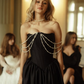 Elegant Black A Line Strapless Corset Pearl Satin Prom Dress Evening Dress SH6696