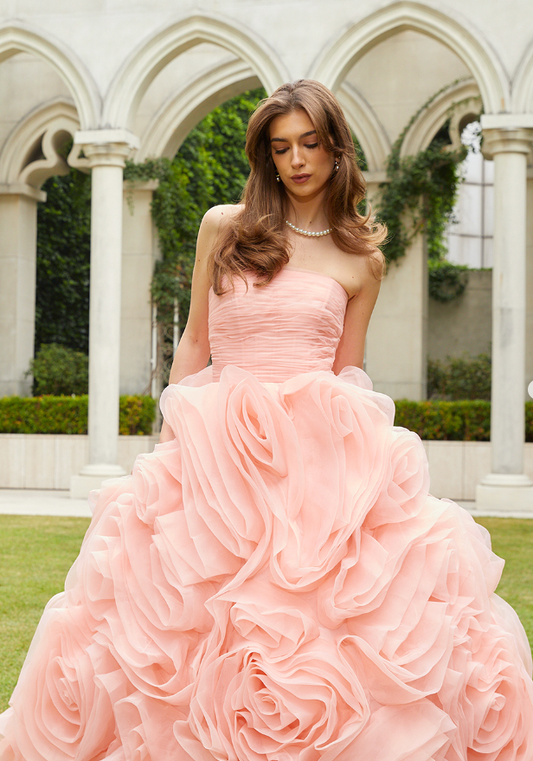 Elegant Light Pink Strapless Flower Tulle Long Ball Gown Prom Dress SH1833