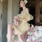 Light Yellow A Line Off the Shoulder Layered Chiffon Satin Short Homecoming Dress Outfits SH6228